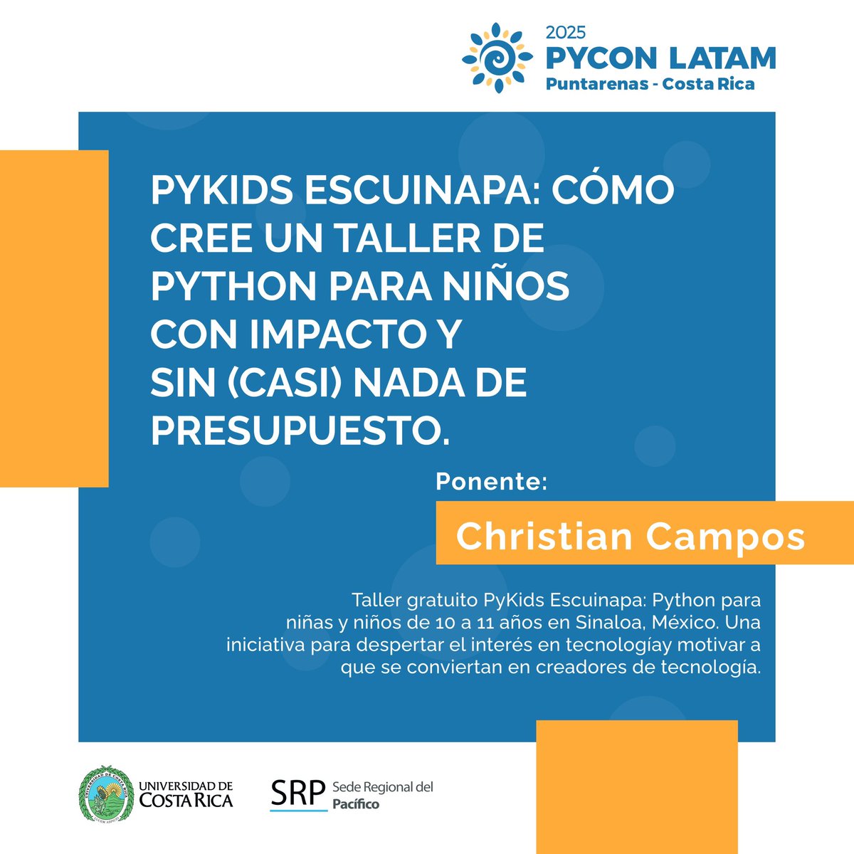 PyLatam's tweet image. 👦🐍 ¿Se puede enseñar Python a los más pequeños sin presupuesto?
Christian Campos lo logró con PyKids Escuinapa: un taller gratuito que inspira a crear tecnología desde pequeños.

📍 Agenda: pylatam.org/agenda
🎟️ Entradas: pylatam.org/entrance
#PyConLatam #PythonLatam