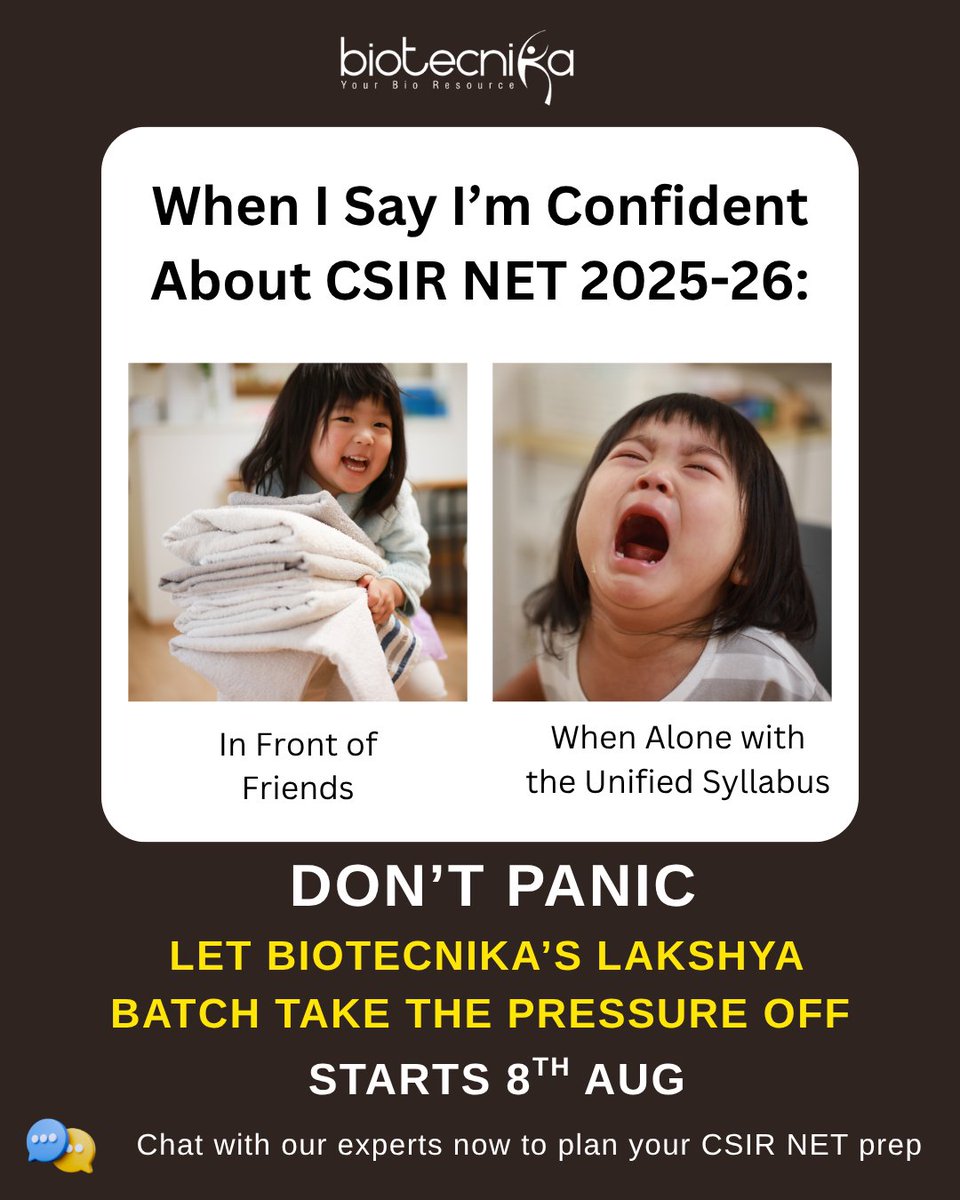 biotecnika's tweet image. 🚀 Admissions Open – CSIR NET Lakshya Batch 2025-26!

Prepare for the Unified CSIR &amp;amp; DBT Exam Syllabus Without Stress | Batch Starts: 8th August 2025

🔗 Enroll now: btnk.org/CSIR-NET-LAKSH…

💬 Need guidance? Chat with an expert: btnk.org/Chat-With-CSIR…

#CSIRNET2025