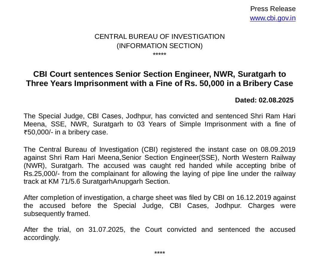 RAILWHISPERS (@railwhispers) on Twitter photo #CBI Special Court sentences #RAMHariMeena, Senior Section Engineer (#SSE), <a href="/NWRailways/">North Western Railway</a>, Suratgarh to 3 Years Imprisonment with a Fine of ₹50,000 in a #Bribery Case.
CBI registered the instant case on 08.09.2019 & charge sheet was filed on 16.12.2019.
<a href="/RailMinIndia/">Ministry of Railways</a> <a href="/CVCIndia/">CVC, Govt. of India</a> #CBI Special Court sentences #RAMHariMeena, Senior Section Engineer (#SSE), <a href="/NWRailways/">North Western Railway</a>, Suratgarh to 3 Years Imprisonment with a Fine of ₹50,000 in a #Bribery Case.
CBI registered the instant case on 08.09.2019 & charge sheet was filed on 16.12.2019.
<a href="/RailMinIndia/">Ministry of Railways</a> <a href="/CVCIndia/">CVC, Govt. of India</a>