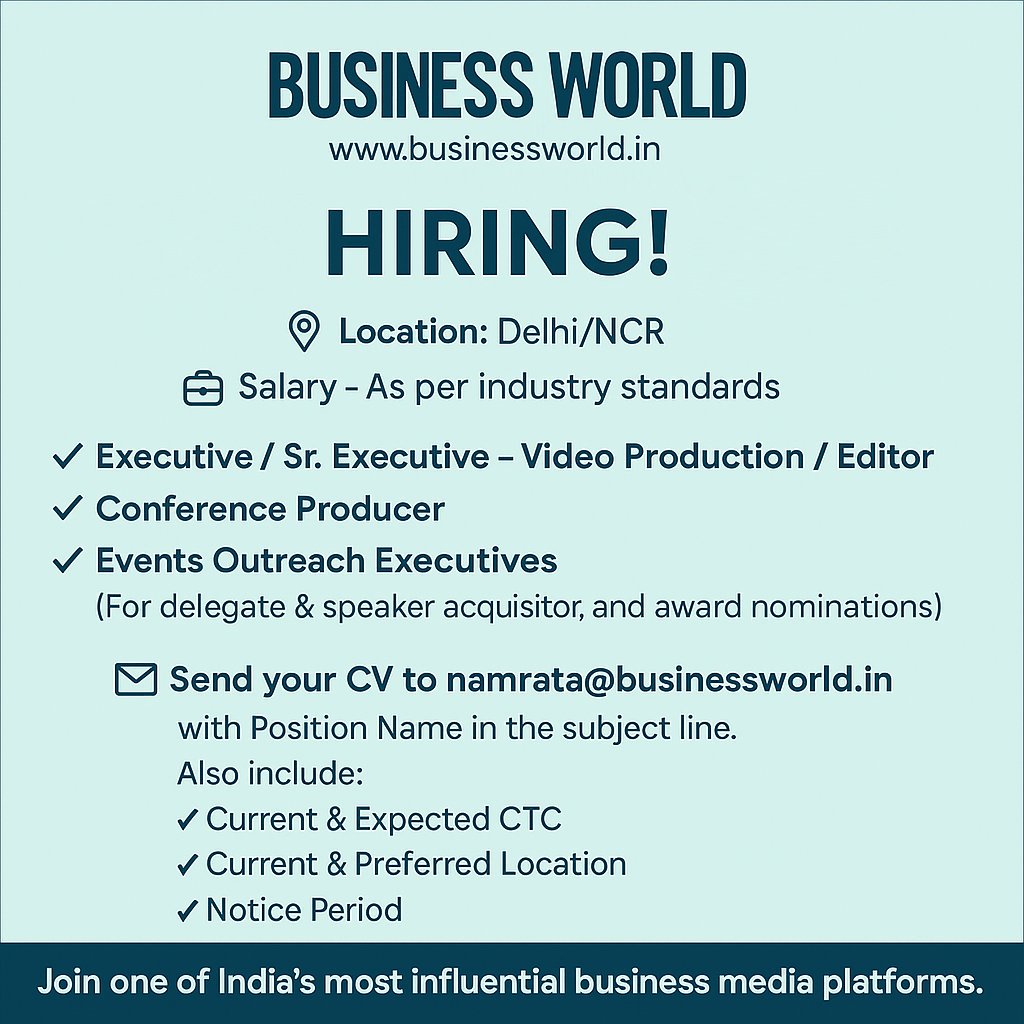 dhsgour's tweet photo. Business World is Hiring for below positions:

1. Executive/ Sr. Executive- Video Production/ Editor
2. Conference Producer
3. Events Outreach Executives: For delegate &amp; speaker aquisition and Award Nominations

Interested candidates may share their CV at namrata@businessworld.in https://t.co/rlnIneP4FY