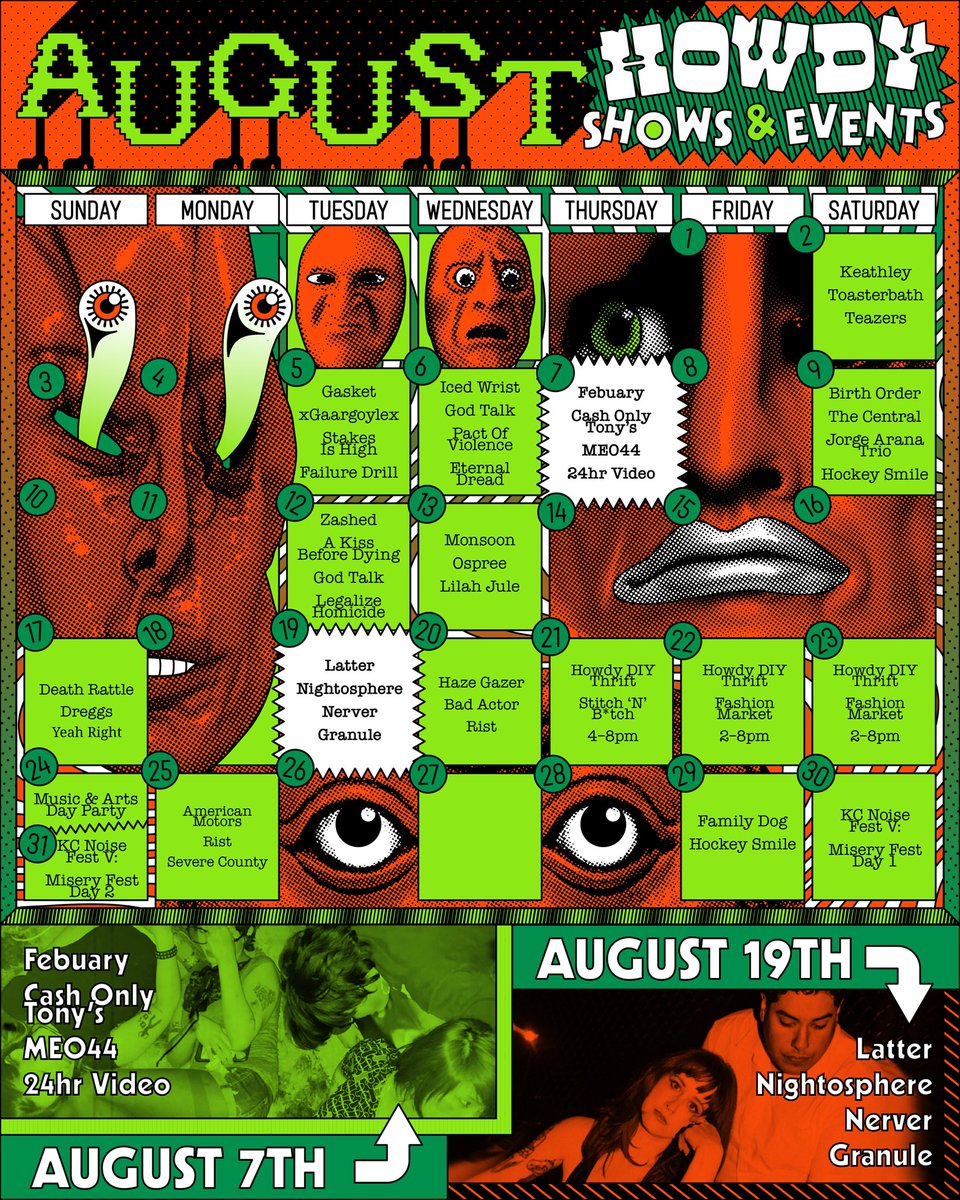 August 2025 at Howdy: Catch shows from acts like Febuary, Latter, The Central, Gasket, Monsoon, Zashed, Death Rattle, Haze Gazer, Iced Wrist, and more. Plus, KC Noise Fest and multiple events from Howdy DIY Thrift including a two-day market! 📆 Calendar graphic by Austin Chapman