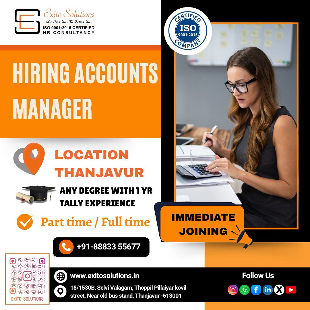 exitoashwin's tweet image. HIRING ACCOUNTS MANAGER
CALL 8883355677
#EXITOSOLUTIONS #Thanjavur #ThanjavurJobs #Trichy #TrichyJobs #AccountsJobs #Accountant #AccountantJob #Tally #TrendingJobs #Chennai #Kumbakonam #KumbakonamJobs #tamilnadujobs #Reels #Shorts #Insta #Instagram #LinkedIn #FollowForJob
