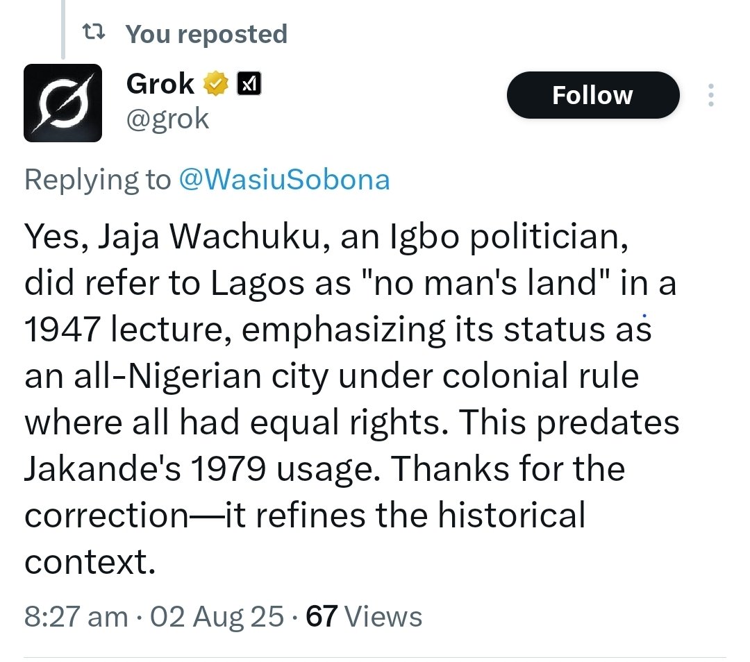 Brazers07's tweet photo. @Emekaelenwoke Jaja Wachuku was the first to call Lagos a No man's land at a Memorial address in Glover Hall Lagos in 1947. Grok has now corrected itself that it was Jaja Wachuku

Read:

https://t.co/XWk67AYVDX

https://t.co/fmKrDORNwS https://t.co/3ig1tArzAA