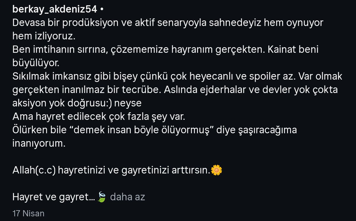 Berkay kardeşimizin, sosyal medyada başa sabitlediği gönderi. 

“Demek insan böyle ölüyormuş.” 🥀

Tüyler ürpertici.
Allah, ders çıkarmayı ve hayırlı ölümleri bizlere nasip etsin.