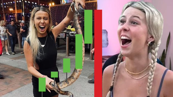 A woman holding a snake with green candlestick charts overlaid, symbolizing crypto price surges, next to another woman laughing, representing the aftermath