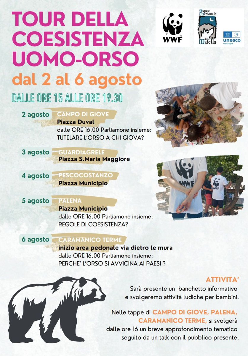 Da oggi al 6 agosto torna il Tour della Coesistenza Uomo-#Orso, l’iniziativa promossa dal #WWF Italia in collaborazione con il Parco Nazionale della #Maiella
Oggi vi aspettiamo a Campo di Giove, domani a #Guardiagrele