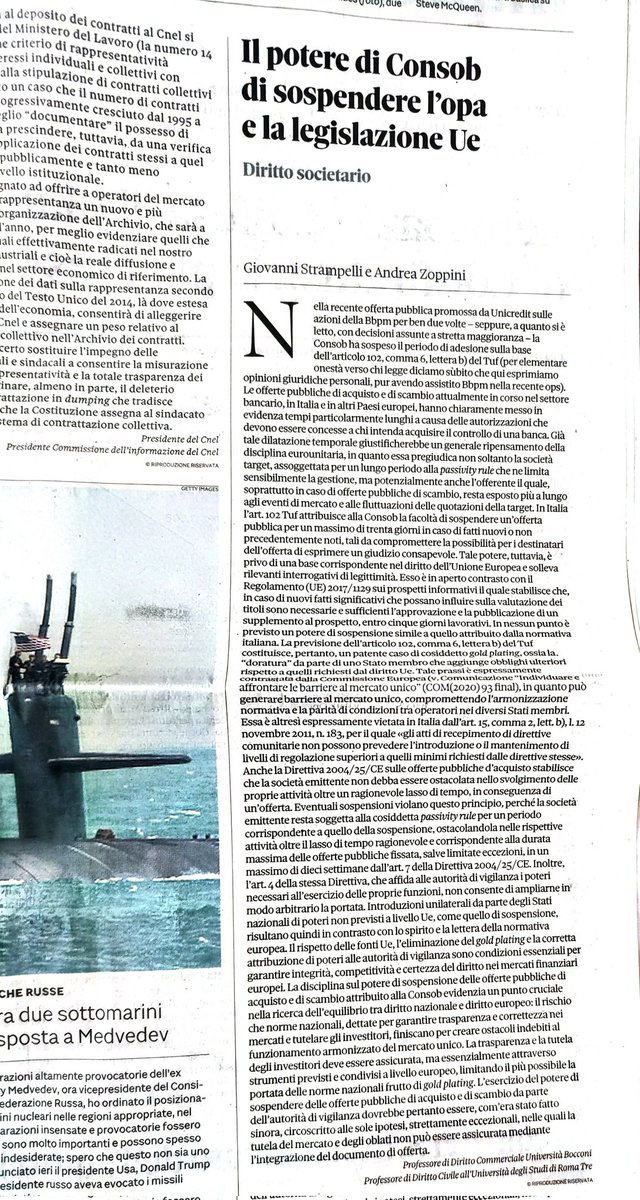 Una riflessione del Prof. <a href="/ZoppiniAndrea/">Andrea Zoppini</a> e del Prof. #GiovanniStrampelli, su <a href="/sole24ore/">IlSole24ORE</a> , riguardo il potere di #consob di sospendere un'#OPA e la #legislazioneeuropea