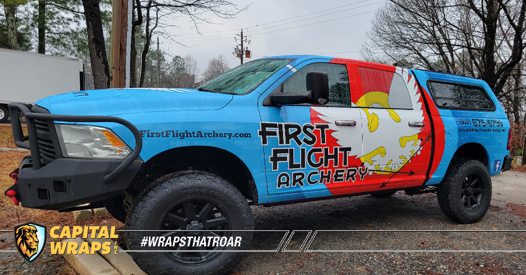 Capitalwraps's tweet photo. Bullseye!🎯 Just wrapped this truck for First in Flight Archery (Cary, NC). This mobile target is perfect for grabbing attention. Great parked signage too! #VehicleWrap #LocalBusiness #CaryNC https://t.co/m3COZv3RqI
