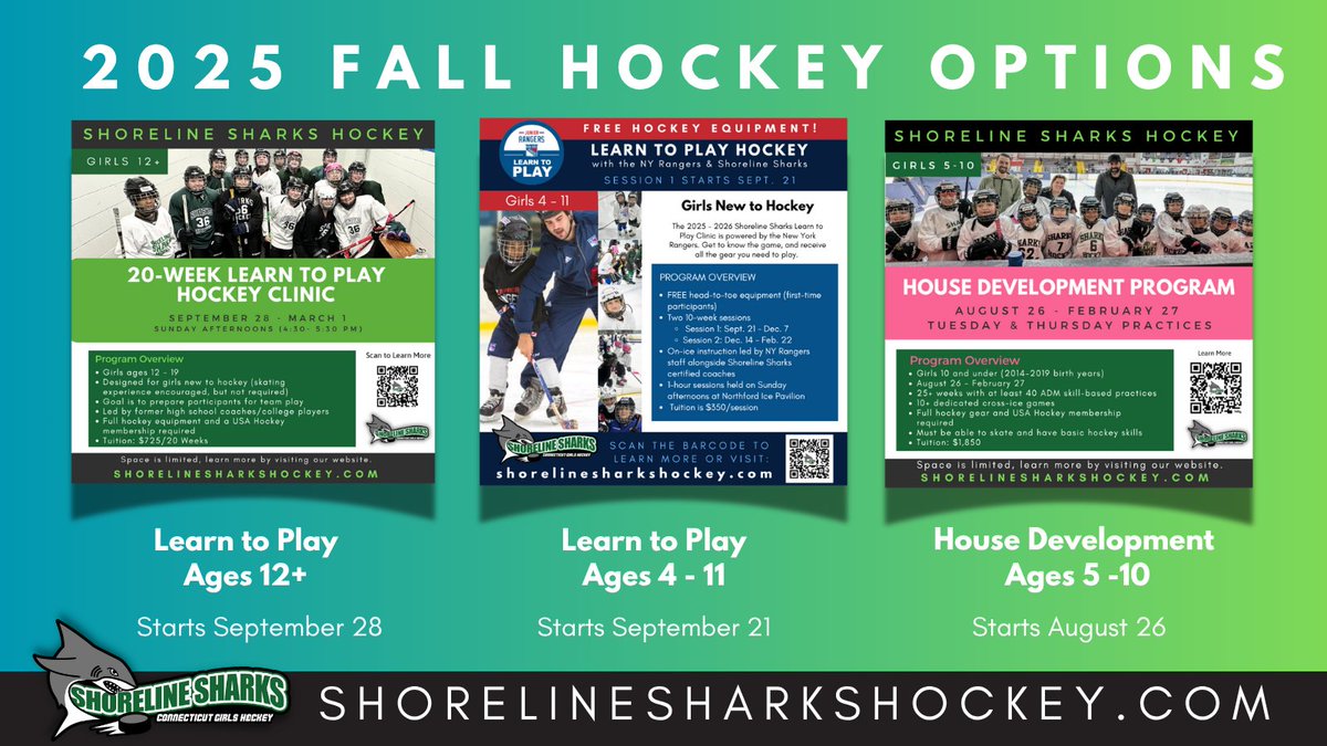 Three Fall programs for girls new to hockey.  Rangers Learn to Play (ages 4-11) with FREE EQUIPMENT, Junior Sharks LTP (ages 12+) and a 6-month House Development program for girls 5 - 10.   Let's go! 

🔗bit.ly/4lET4WB