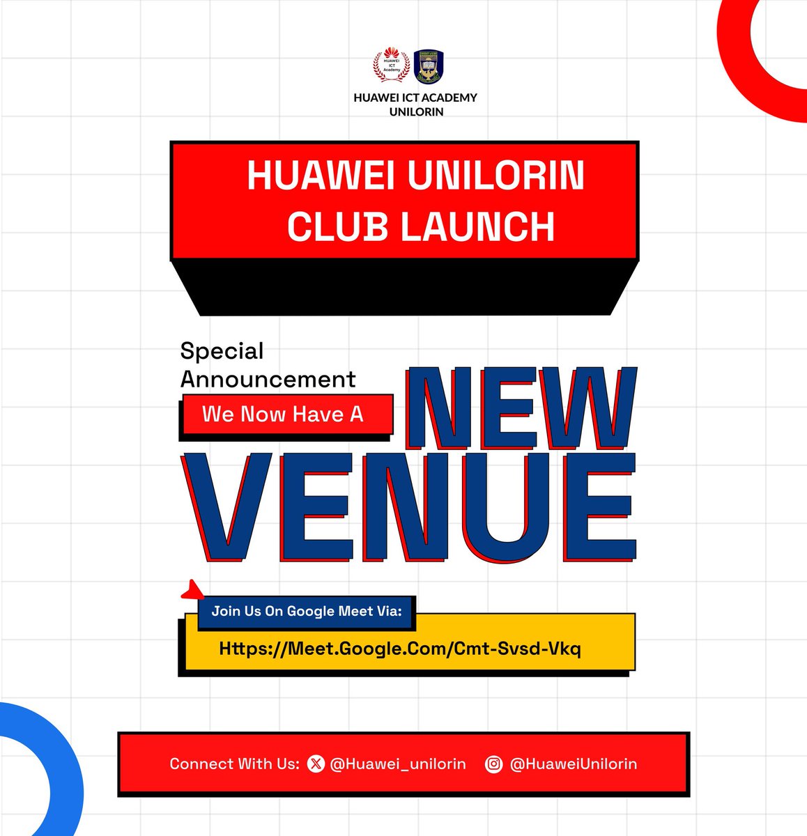 Huawei_Unilorin's tweet photo. 🚨 IMPORTANT UPDATE🚨

We sincerely apologize for the last-minute change 🙏

Due to network issues, we’re moving to Google Meet (not Twitter Space).
Time: 5 PM

👉 Join here: https://t.co/kSuQCo9q9H
Please spread the word; RT &amp; tell your friends!!! https://t.co/hsQQFJcoCI
