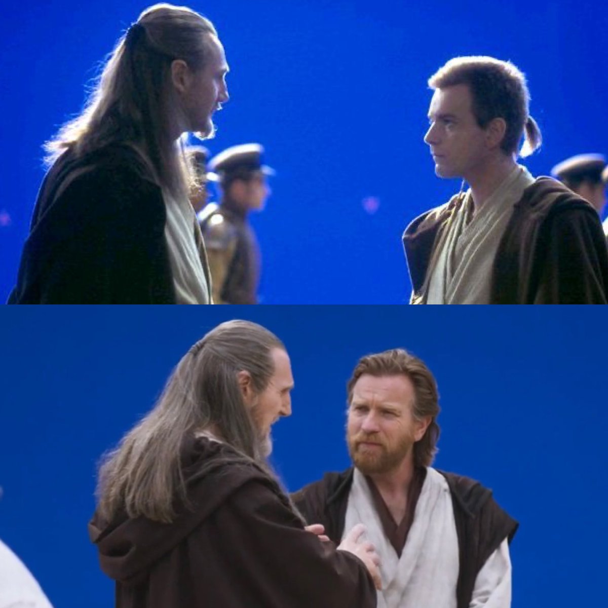 StarWarsRenmei's tweet photo. 『ファントム・メナス』（1999）の舞台裏と、『オビ＝ワン・ケノービ』（2022）の舞台裏📸

オビ＝ワン役のユアン・マクレガーと、クワイ＝ガン役のリーアム・ニーソン https://t.co/5pBWkaULsA