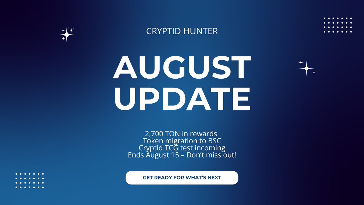 Cryptid Hunter | Official Game (@cryptohunter_w) on Twitter photo ๐ข Cryptid Hunter & Cryptid TCG โ August Update Thread ๐งต
1๏ธโฃ Season 2 Ends in 15 Days!
โณ Season ends Aug 15 โ 2,700 TON in rewards!
โ๏ธ Only a few players in PvP right nowโฆ Just participating may guarantee a prize.
๐ฅ Don't miss your chance to win!
2๏ธโฃ Official Steemit Curator ๐ข Cryptid Hunter & Cryptid TCG โ August Update Thread ๐งต
1๏ธโฃ Season 2 Ends in 15 Days!
โณ Season ends Aug 15 โ 2,700 TON in rewards!
โ๏ธ Only a few players in PvP right nowโฆ Just participating may guarantee a prize.
๐ฅ Don't miss your chance to win!
2๏ธโฃ Official Steemit Curator