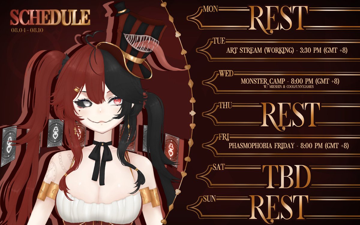 WE FINALLY HAVE A STREAM SCHEDULE!! 

Make sure to come hop in chat on these days~ See you there!! 💕