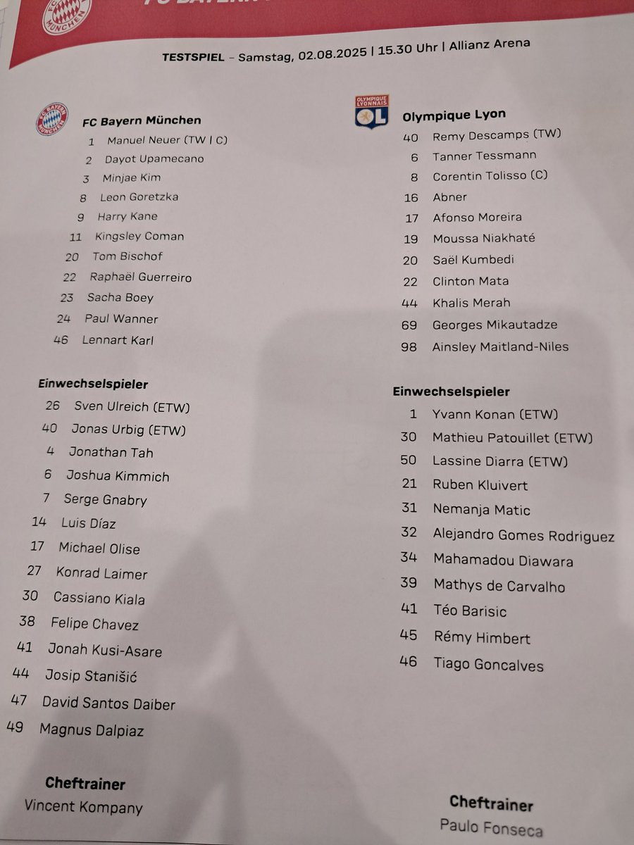 La feuille de match de Bayern - Lyon. Coup d'envoi retardé à 15 h 40.