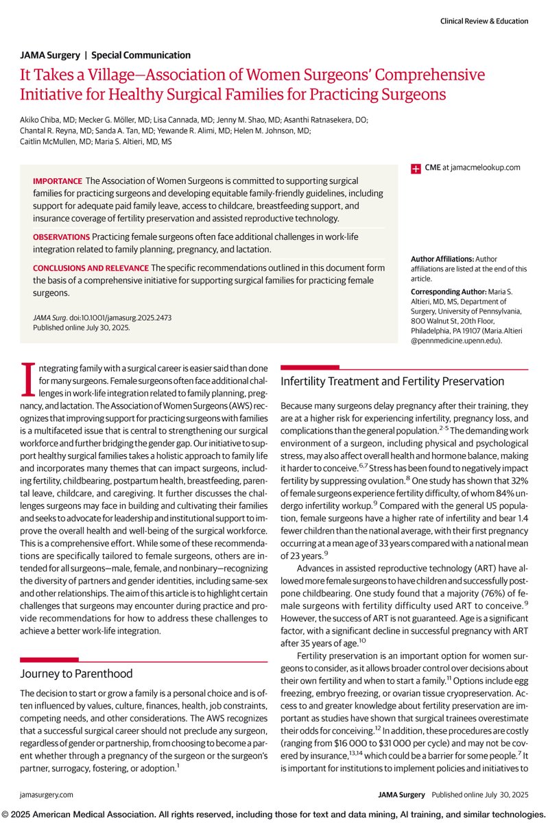 JAMA Surgery (@jamasurgery) on Twitter photo Special Communication: Surgeon parents and caregivers face barriers to work-life integration—including fertility, pregnancy, parental leave, lactation, and caregiving. ja.ma/4meWcZh <a href="/chibaAkiko/">Akiko Chiba, MD, FACS</a> <a href="/jennyshaomd/">Jenny Shao, MD, FACS (she/her)</a> Special Communication: Surgeon parents and caregivers face barriers to work-life integration—including fertility, pregnancy, parental leave, lactation, and caregiving. ja.ma/4meWcZh <a href="/chibaAkiko/">Akiko Chiba, MD, FACS</a> <a href="/jennyshaomd/">Jenny Shao, MD, FACS (she/her)</a>