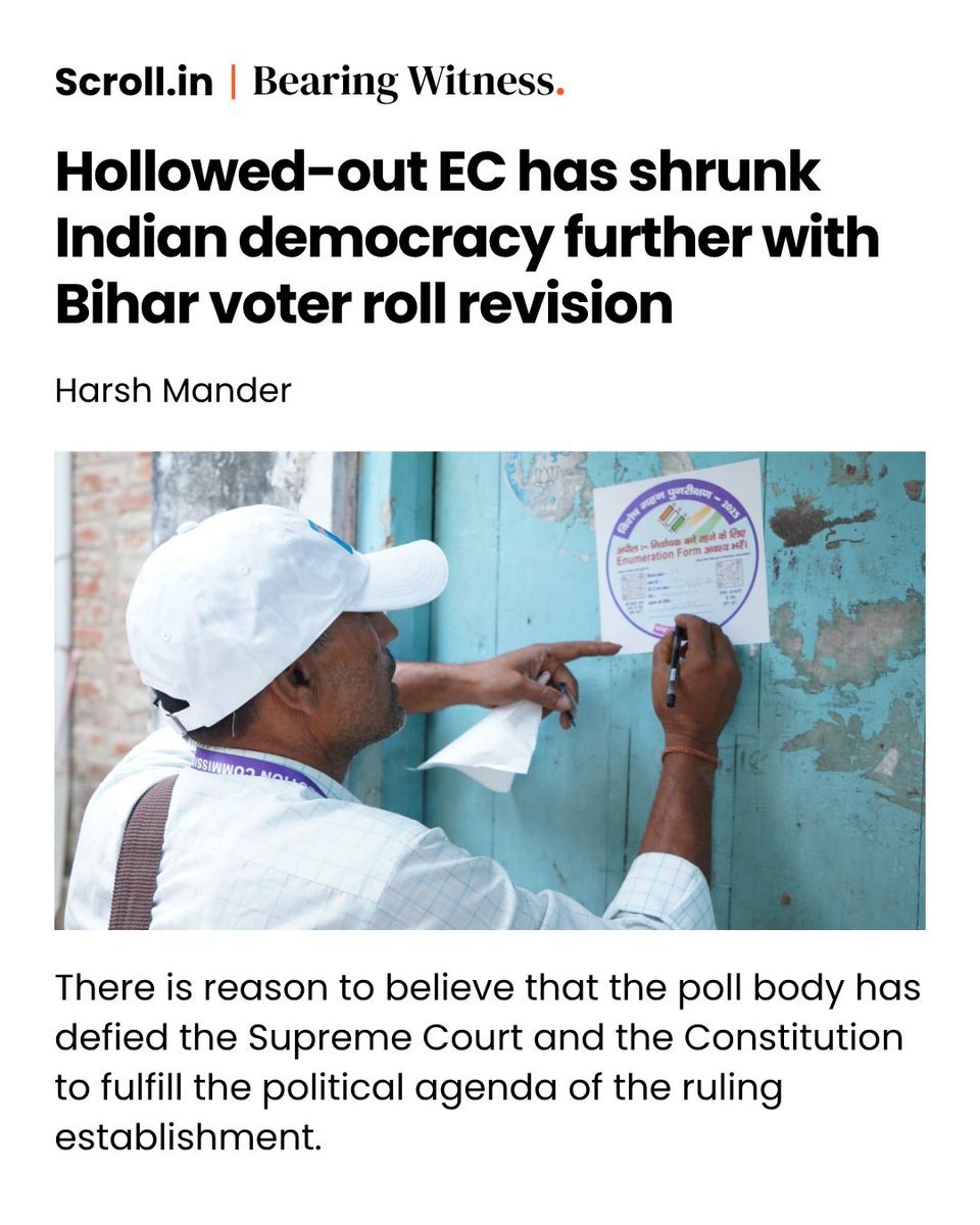 Scroll.in (@scroll_in) on Twitter photo The NRC was updated for Assam over six years from 2013-’19, supervised by Supreme Court. However, it gave only one month to voters in Bihar to prove that they are Indians.
scroll.in/article/108491…
<a href="/harsh_mander/">Harsh Mander</a> writes how this decision has plummeted the EC's reputation lower The NRC was updated for Assam over six years from 2013-’19, supervised by Supreme Court. However, it gave only one month to voters in Bihar to prove that they are Indians.
scroll.in/article/108491…
<a href="/harsh_mander/">Harsh Mander</a> writes how this decision has plummeted the EC's reputation lower