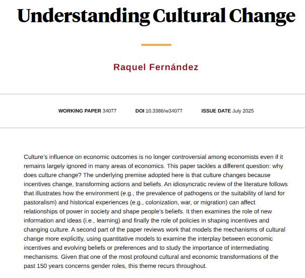 NBER (@nberpubs) on Twitter photo Exploring how changing incentives—shaped by environment, history, information, and policy—drive cultural change, with a focus on gender roles and economic outcomes, from <a href="/raquel1fernan/">raquel fernandez</a> nber.org/papers/w34077 Exploring how changing incentives—shaped by environment, history, information, and policy—drive cultural change, with a focus on gender roles and economic outcomes, from <a href="/raquel1fernan/">raquel fernandez</a> nber.org/papers/w34077