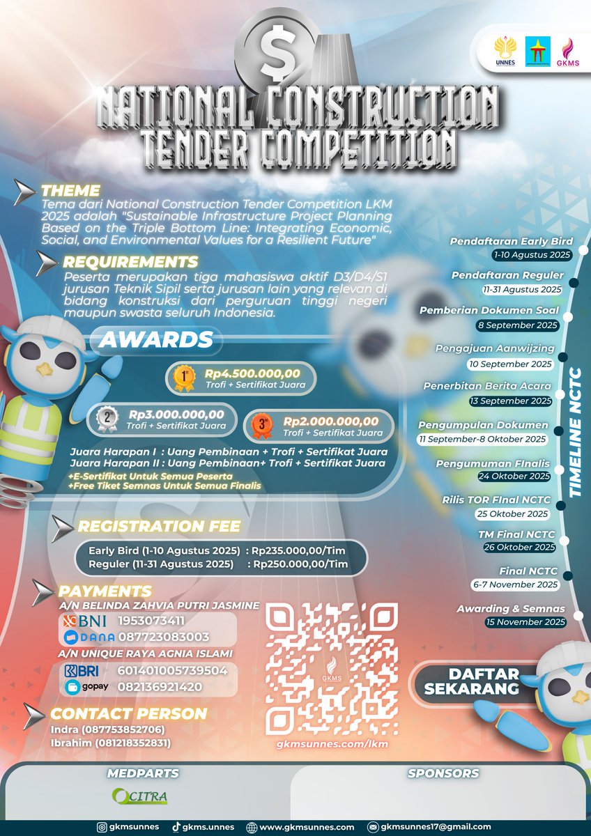 OPEN REGISTRATION LOMBA KREATIVITAS MAHASISWA 2025

Halo Civillians! 
HMTS UNNES mengundang kamu untuk berpartisipasi dalam Lomba Kreativitas Mahasiswa (LKM) 2025.
For more information, pendaftaran dan TOR :
gkmsunnes.com 

#GKMSUNNES2025
#TEKNIKSIPIL
#HMTSUNNES