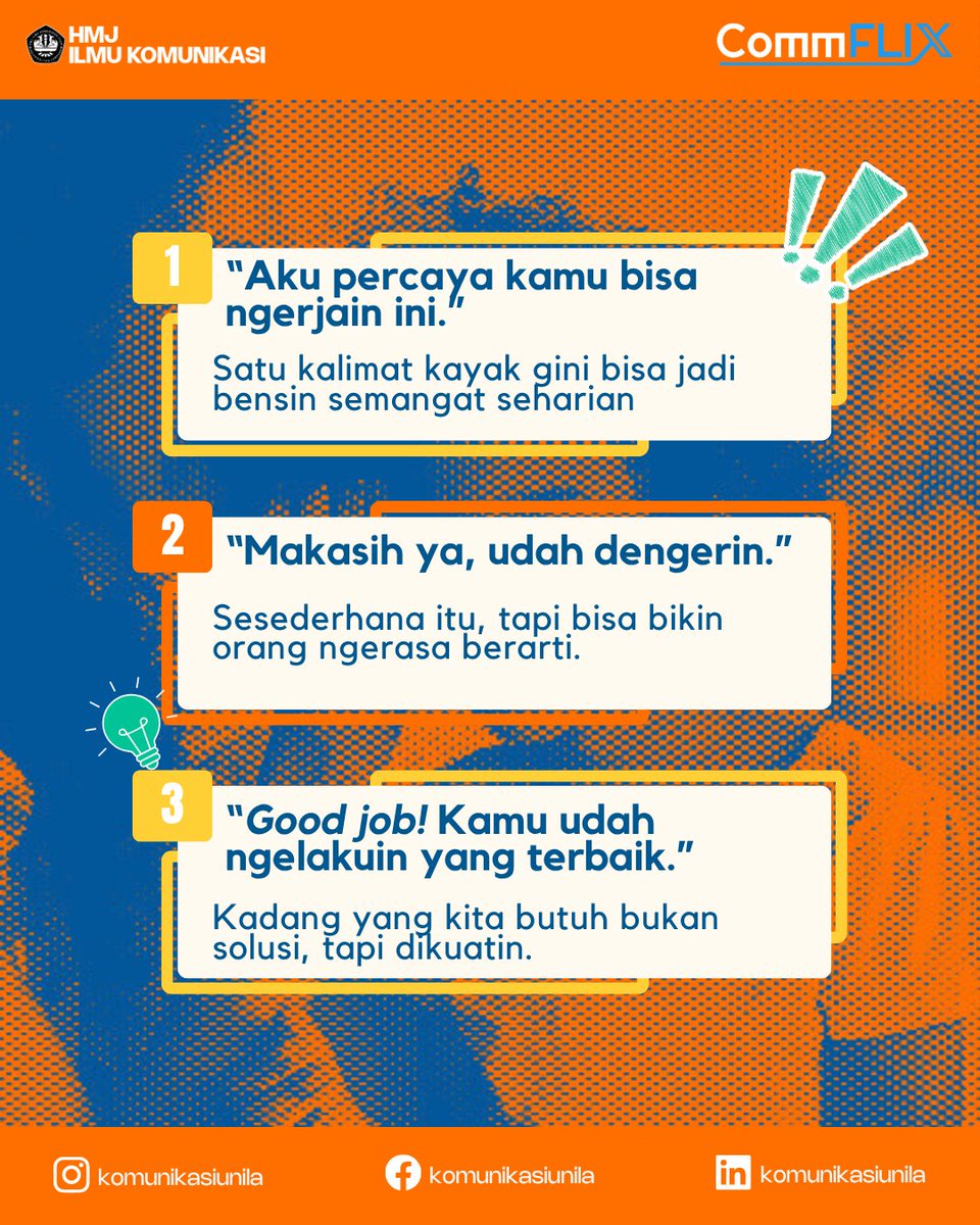 komunikasiunila's tweet image. Commers! Pernah gak sih ngerasa stuck, gak dihargai, atau bawaannya pengen nyerah
aja? Ternyata, feedback positif sekecil apa pun bisa jadi penyemangat yang luar biasa, lho!
#CommX #CommFLIXsolution #Communila