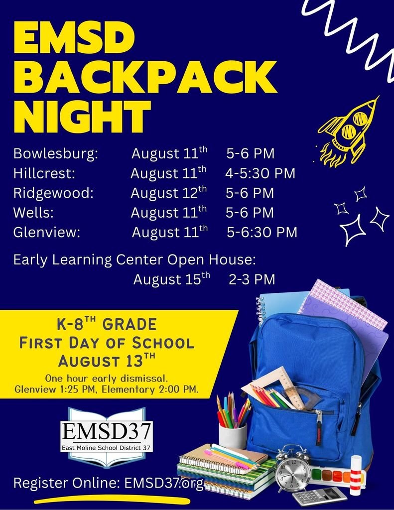 Save the date for Backpack Night!
A reminder that students must be registered by midnight on August 6th to begin school on the first day.  Online Registration Link → emsd37.org/o/emsd-37/page…
