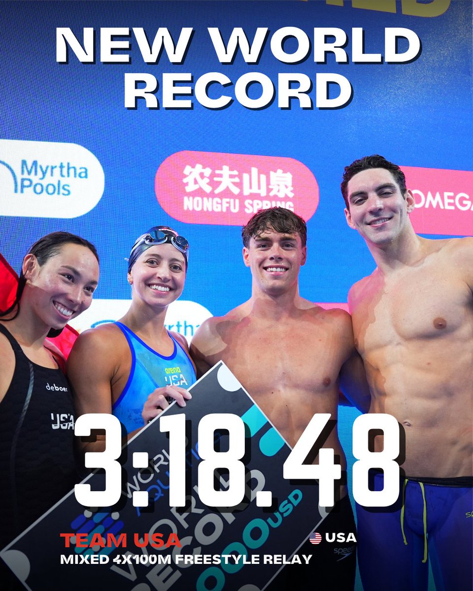 WORLD RECORD 🔥 3:18.48 🔥
Team USA lights up the pool in the Mixed 4x100m Freestyle Relay, setting a new world record and rewriting the history books 🇺🇸💥

#AQUASingapore25 #Swimming
