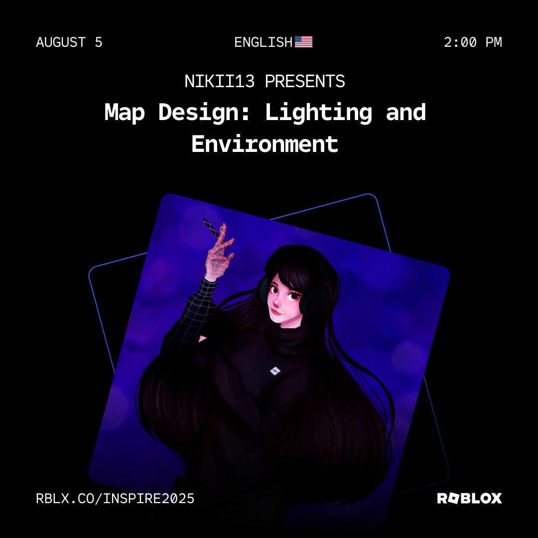 Hey devs! This Tuesday, I'll be speaking about Map Design at Inspire 2025!
Come to learn about lighting and useful tips to improve your maps and take them to the next level! 🔥

Don’t forget to attend all the workshops to win the challenge! :)
events.roblox.com/public/clubs/i…