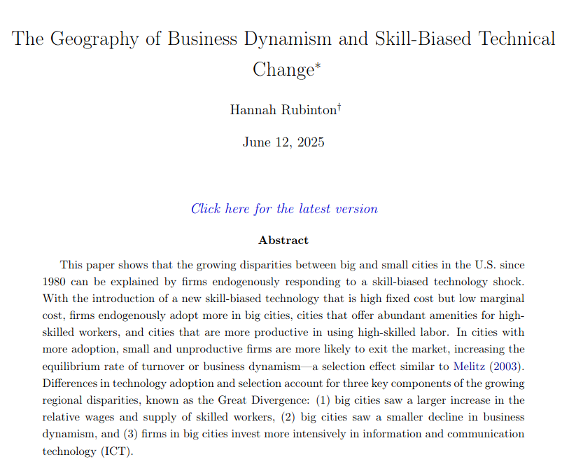 Recently accepted to #REStud, "The Geography of Business Dynamism and Skill-Biased Technical Change," from Hannah Rubinton:

restud.com/the-geography-…

#econtwitter