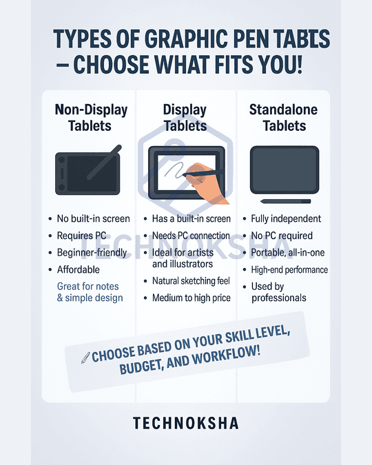 Technoksha's tweet photo. 🎨 Graphic Pen Tablets – 3 Types
Non-Display – Needs PC, budget pick 💸
Display – Draw on screen, pro feel 🎯
Standalone – No PC, go-anywhere tablet 💼
Which one fits your workflow?
#GraphicTablet #XPPen #Wacom #DigitalArt #TECHNOKSHA https://t.co/wOsUpMlMRS