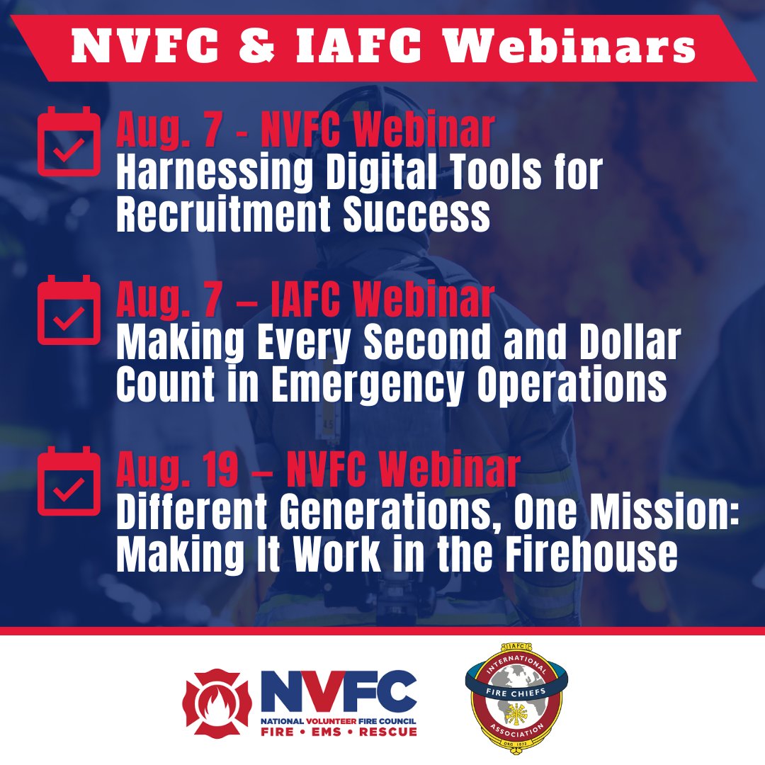 Stay ahead in the fire service with new webinars from <a href="/NVFC/">NatlVolFireCouncil</a> and <a href="/IAFC/">IAFC</a> Learn more and register at facebook.com/fasnyvf #VolunteerFirefighter <a href="/fireengineering/">Fire Engineering</a>