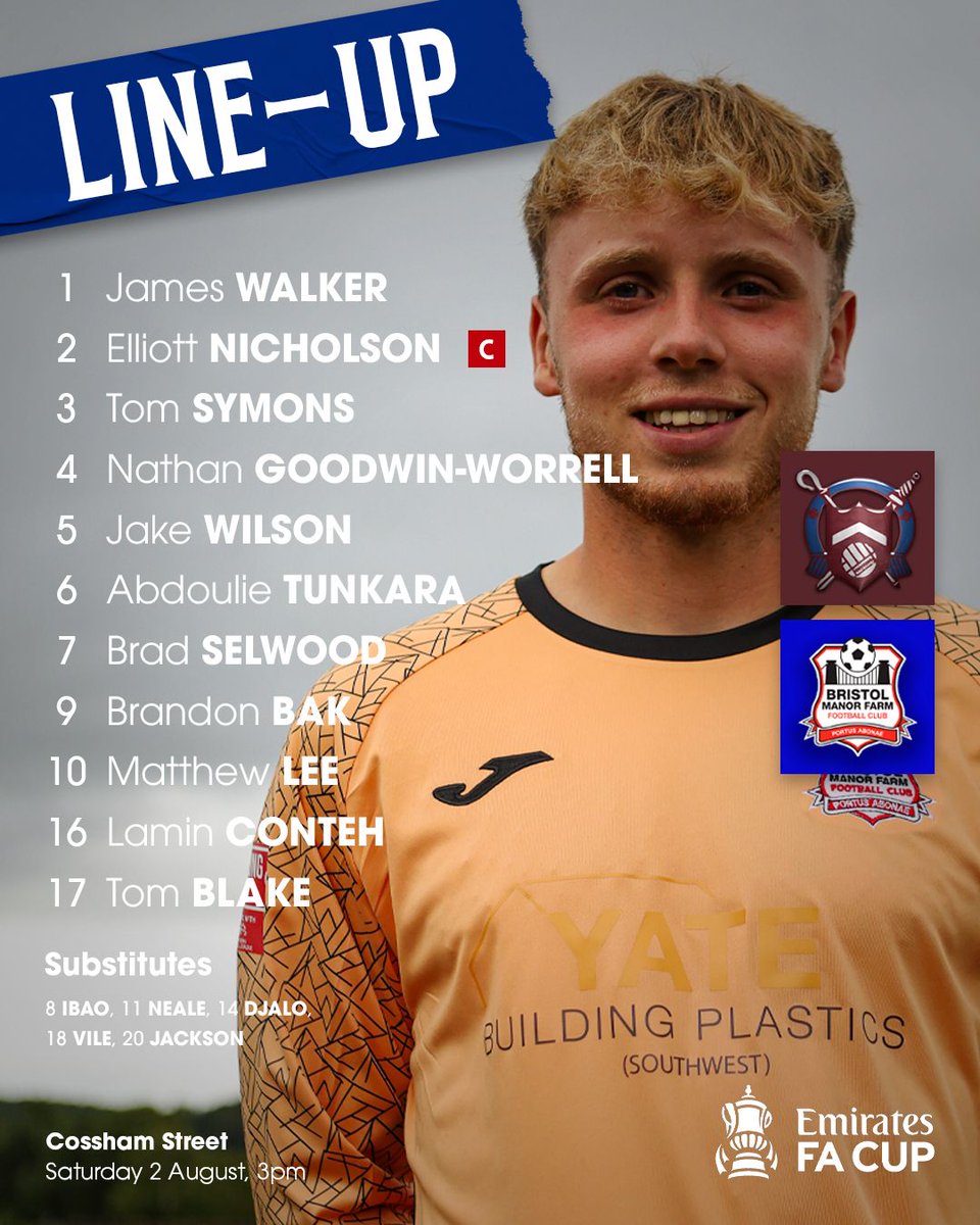 ManorFarmFC's tweet photo. 𝗙𝗔𝗥𝗠 𝗟𝗜𝗡𝗘𝗨𝗣

Here is how The Farm will lineup to face Mangotsfield United this afternoon

🧤 James Walker is in between the sticks 
9️⃣ Brandon Bak leads the line
©️ Nicholson captains the side

Let’s kick off the new season strong — come on you Farmers!

#UpTheFarm https://t.co/GfcfVMsBxe