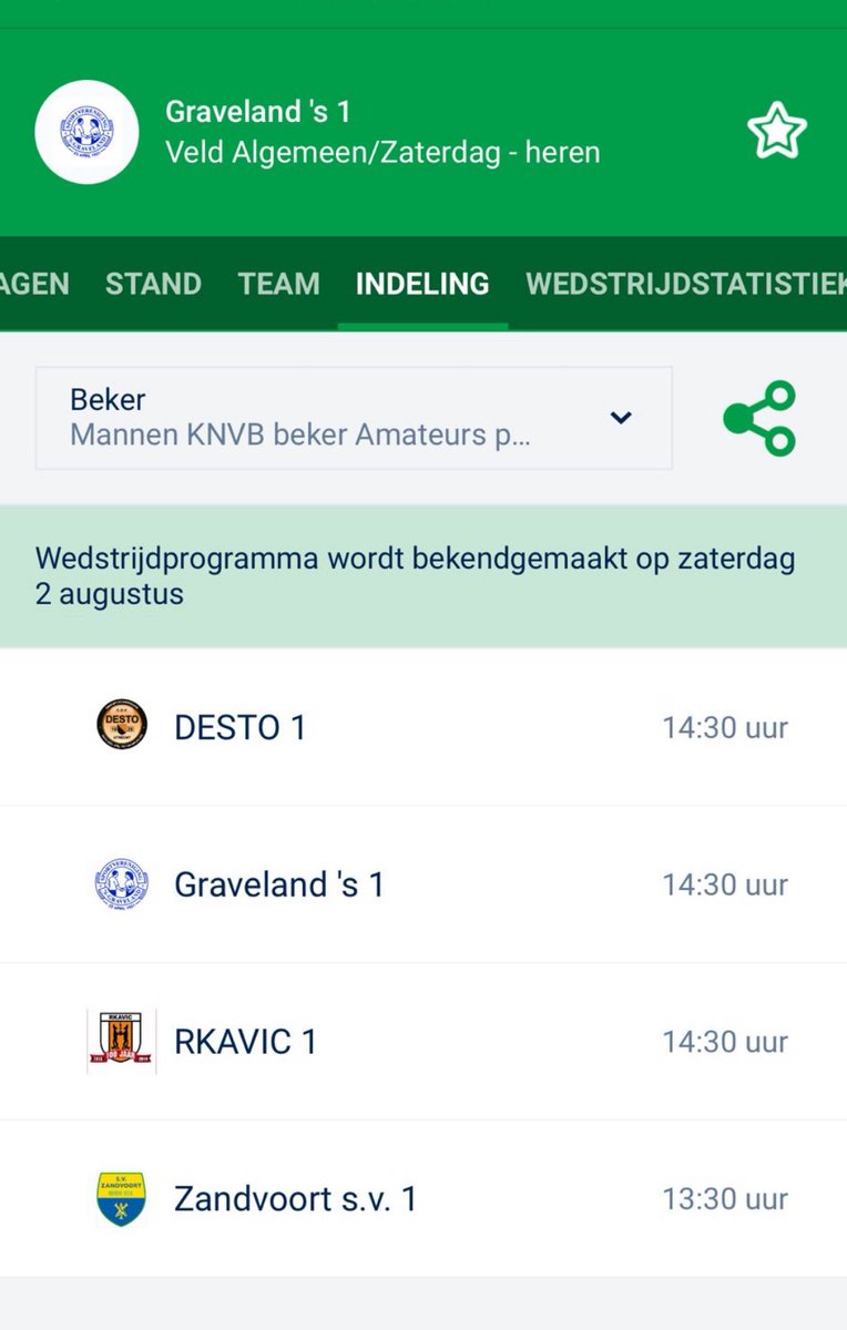 Bekerindeling en programma zijn bekend voor <a href="/svsGraveland/">svsGraveland</a>. <a href="/SV_Zandvoort/">SVZandvoort</a> maken we maar een dagje uit van ⚽️🔵⚪️🔥#bekerindeling