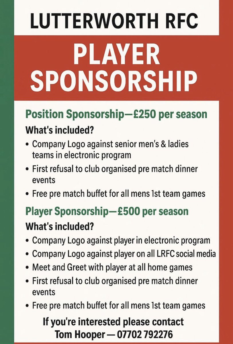 2ndLutterworth's tweet image. Get in touch if you are interested.
Be part of the ❤️🤍💚 Family
@LuttsRFC