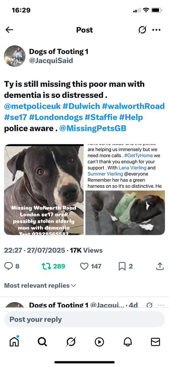 joannew0112's tweet photo. π if you see this pls rt π pls rt π Tyβs owner has early onset Alzheimerβs and not knowing what he was doing he has given Ty away potentially stolen/coerced into it π©#GetTyHome #EastDulwich #WalworthRd #SE17 #SE22 police aware @MPSSouthwark all info β¬οΈ owner is struggling π https://t.co/LhxosjLNPW