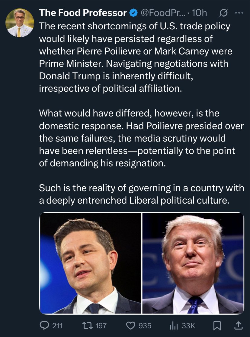For a decade, we were told Trudeau was unfit because he lacked serious economic chops and qualifications.

Mark Carney, global finance guy, comes along vs a charlatan, Poilievre, who *checks notes* had a paper route.

Sit down, Food Dude. Canadians made the only choice available.