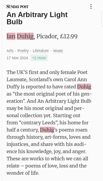 Very pleased to have belatedly discovered this Sunday Post review from last November of my latest book