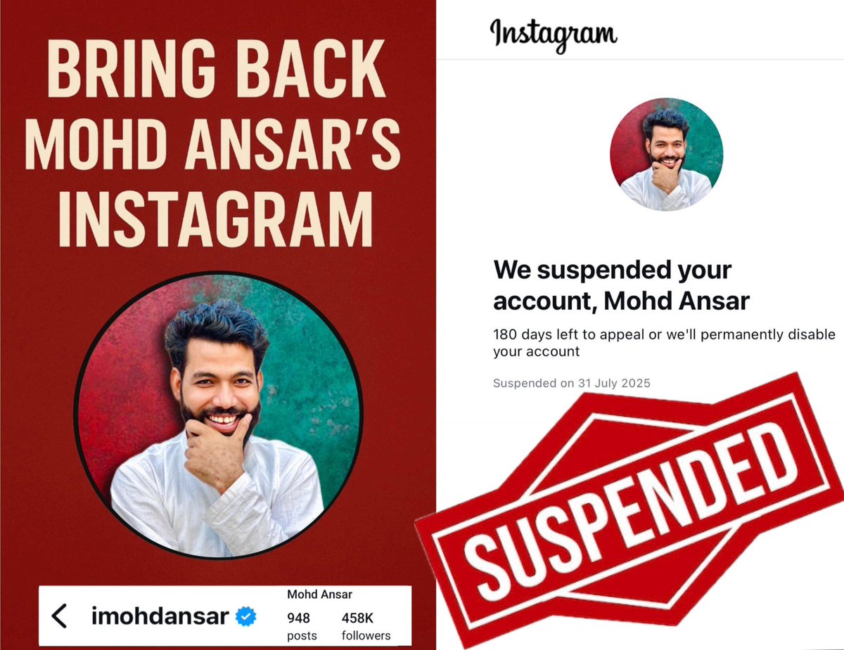 .@imohdansar का Instagram अकाउंट — जो लाखों लोगों की आवाज़ था — कुछ लोगों की सोची-समझी mass reporting के चलते सस्पेंड कर दिया गया।
वो शख़्स जो हमेशा मज़लूमों के लिए खड़ा रहा, जो सच के साथ चला, आज उसी की आवाज़ दबाई जा रही है।

ये सिर्फ एक अकाउंट नहीं गया, ये उन हज़ारों लोगों की