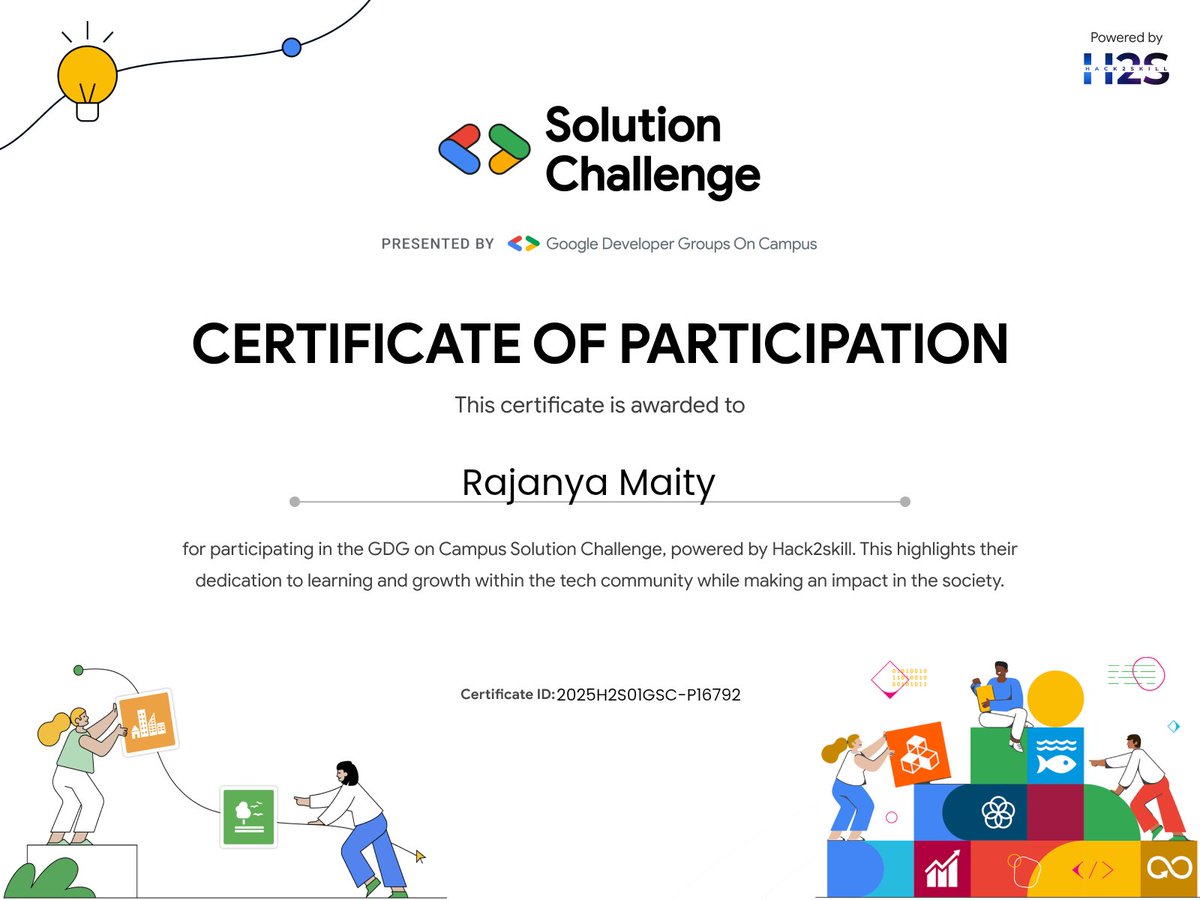 maity_rajanya's tweet image. Excited to be part of the GDG on Campus Solution Challenge powered by @hack2skill.
Learnt, built, and collaborated on AI-driven ideas to solve real-world challenges.
Grateful for the growth & inspired to keep innovating!
#GoogleDeveloperGroups #AI #SolutionChallenge
