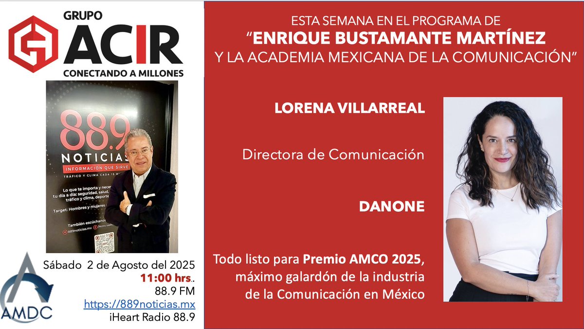 EnriqueB01's tweet image. Hoy en #MiProgramaDeRadio de la Academia Mexicana de la Comunicación, @lorenavc Directora de Comunicación, @DanoneMX
Conversaremos sobre los Premios @AMCOMexico 2025
La cápsula de IA con @jhidalgo 
11:00 hrs* en el 88.9 FM o 889noticias.mx  de iHeart Radio