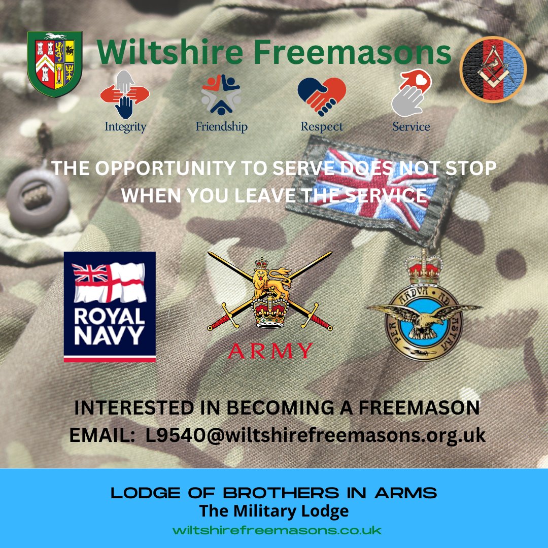 Wiltshire Freemasons (@wiltspgl) on Twitter photo The Armed Forces family is very special and many former and serving sailors, soldiers, and aviators find the Freemasons the perfect 'forever after' home. Our principles reflect the military code of conduct, our Lodges offer the camaraderie you know so well. <a href="/pgm_pglwilts/">ProvGMWiltshire</a> The Armed Forces family is very special and many former and serving sailors, soldiers, and aviators find the Freemasons the perfect 'forever after' home. Our principles reflect the military code of conduct, our Lodges offer the camaraderie you know so well. <a href="/pgm_pglwilts/">ProvGMWiltshire</a>