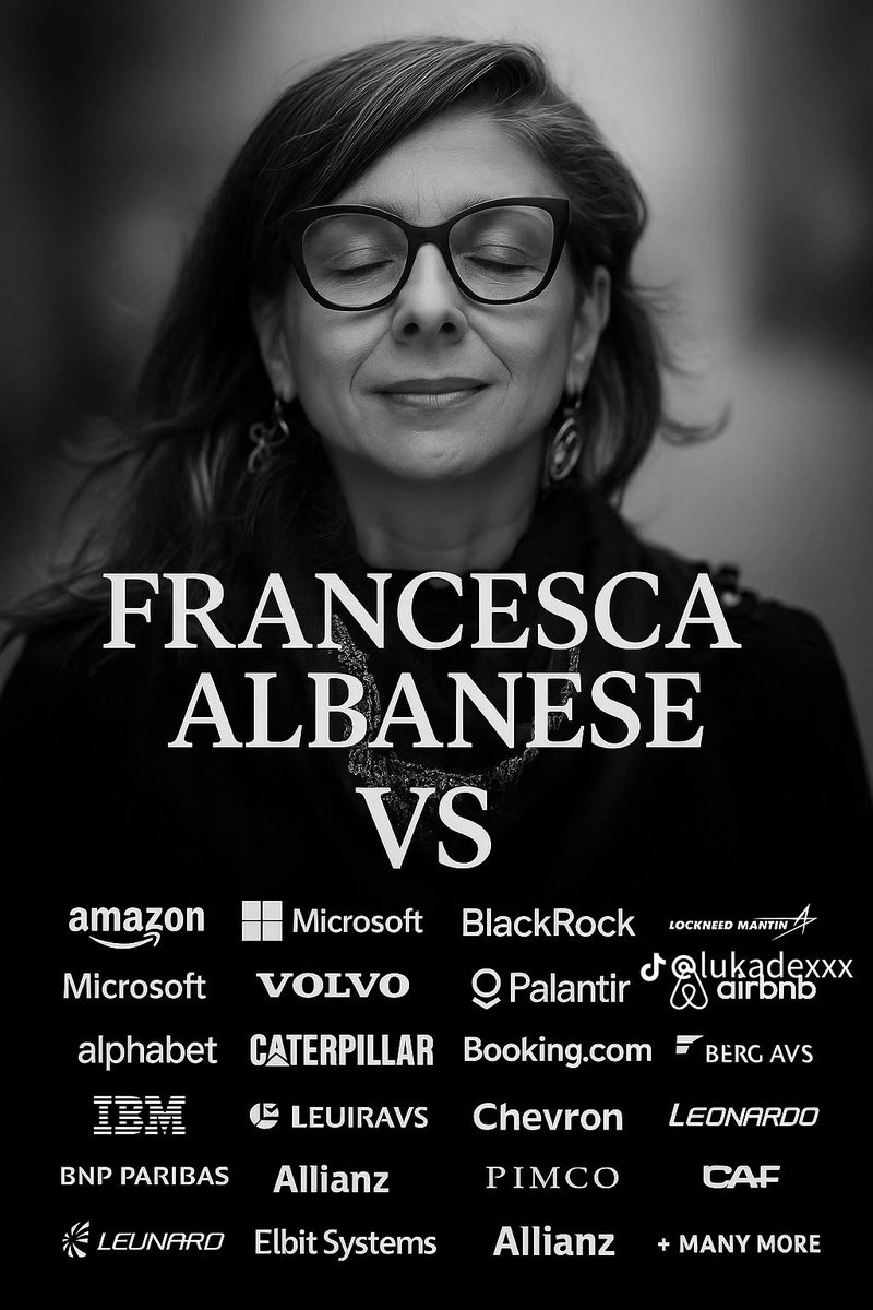 Francesca Albanese has told the world:

‘Big capital is profiting from genocide in Gaza 🇵🇸’

The truth is disgusting.

Boycott them now.