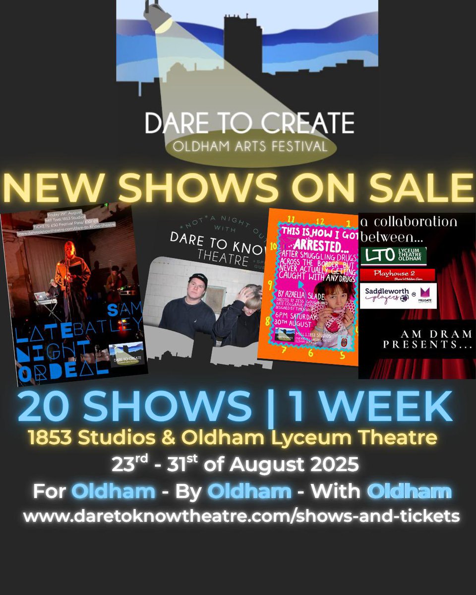 THERE’S EVEN MORE!!

Check out the new shows on sale for Dare to Create: Oldham Arts Festival 💙🩵

🎟️ LINK IN BIO