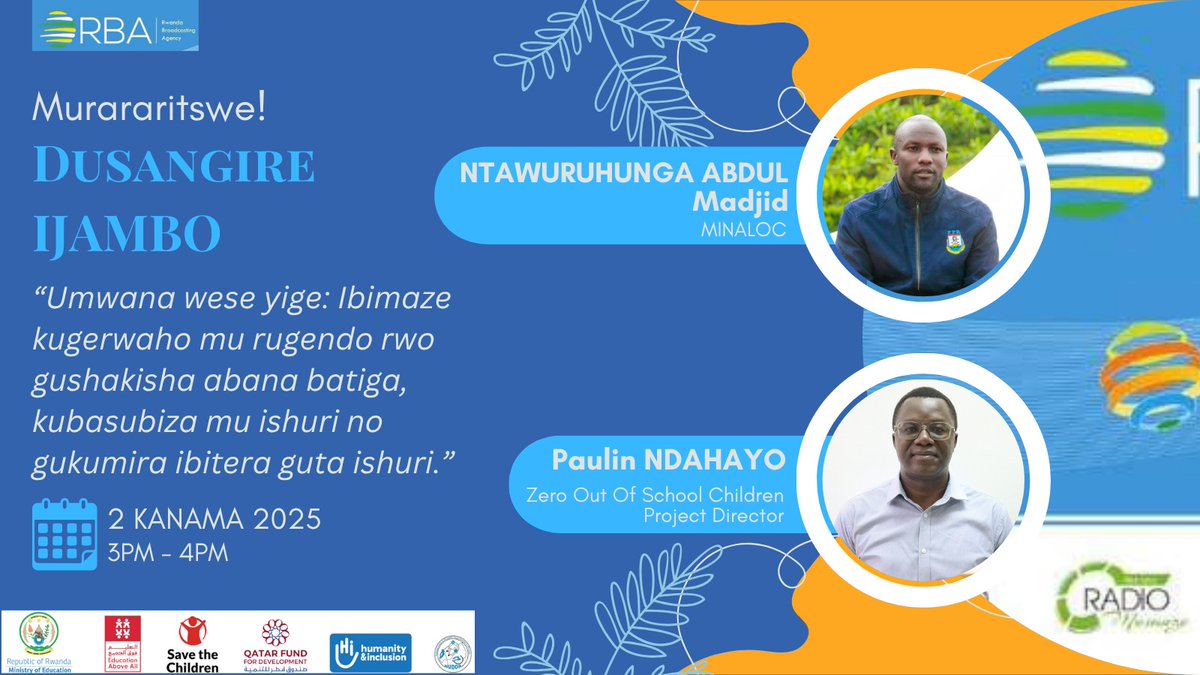🎙️NTIMUCIKWE , NONAHA

murarikiwe gukurikira ikiganiro “Umwana wese yige”, kiri gutambuka imbona nkubone kuri Radiyo na Televiziyo Rwanda, ndetse na radiyo z’abaturage ( Nyagatare, Musanze, Rubavu, Rutsiro na Huye).

<a href="/RwandaLocalGov/">Ministry of Local Government | Rwanda</a>
 <a href="/SCIRwanda/">Save the Children Rwanda & Burundi</a>

#UmwanaWeseYige #ZeroOOSCProject