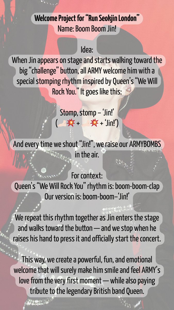 inmalachimolala's tweet photo. @TheO2 Let's do this to welcome Jin! It is easy, you don't need to print and bring anything, and everyone knows Queen's We Will Rock You rhythm, right? 😊 https://t.co/Lb60RTVbSO