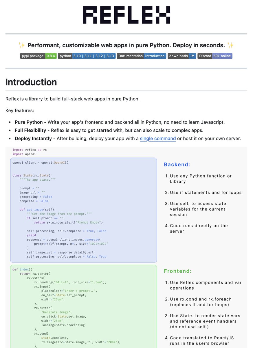 Sumanth_077's tweet image. Build full‑stack LLM web apps in pure Python!

Reflex is a Python framework that lets you build web apps with both frontend and backend entirely in Python.

It’s 100% open source.