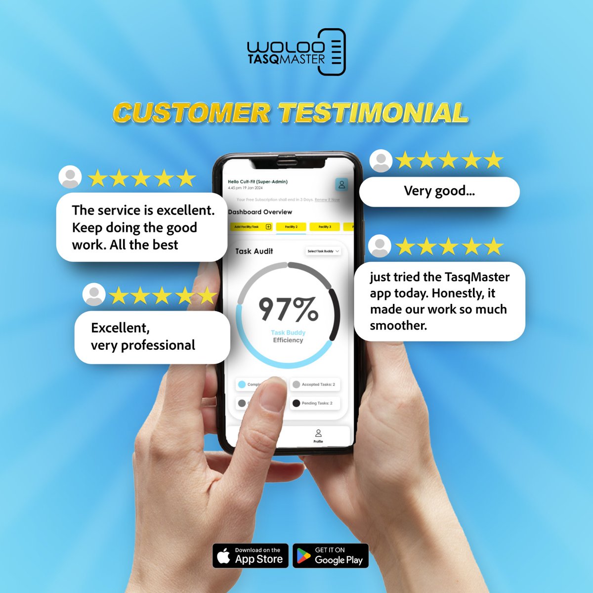 ⭐⭐⭐⭐⭐
“Excellent &amp; professional”
“Made our work smoother”
97% task audit efficiency 💪
That’s Woloo Tasq Master for you!

Download Woloo Tasq Master - woloo.in/smarthygiene-p…

#CustomerFeedback #WolooTasqMaster #SmartSanitation #FacilityManagement #CleanIndia