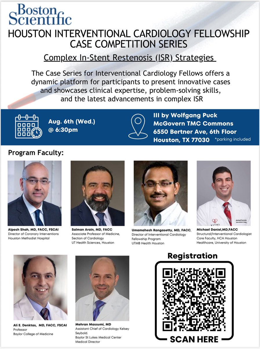 Alpesh Shah M.D. (@alpeshshahmd) on Twitter photo Looking forward to quarterly houston IC fellowship case competition series on Wednesday August 6th. A very unique fellow centric program.
Focus on ISR! Thank you to our amazing faculty from all 6 wonderful fellowships <a href="/realarainmd/">Salman Arain</a> <a href="/BSCCardiology/">BostonSci Cardiology</a> registration link on the flyer Looking forward to quarterly houston IC fellowship case competition series on Wednesday August 6th. A very unique fellow centric program.
Focus on ISR! Thank you to our amazing faculty from all 6 wonderful fellowships <a href="/realarainmd/">Salman Arain</a> <a href="/BSCCardiology/">BostonSci Cardiology</a> registration link on the flyer