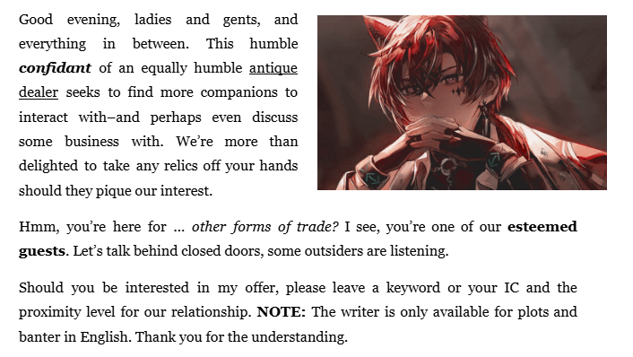 [ !2DFess ] Salutations to any soul who is willing to take their time to heed this request of mine. If you are interested in any forms of interaction, I shall approach you based on the written offer. Many thanks.

― Fantasy, DD:DNE.