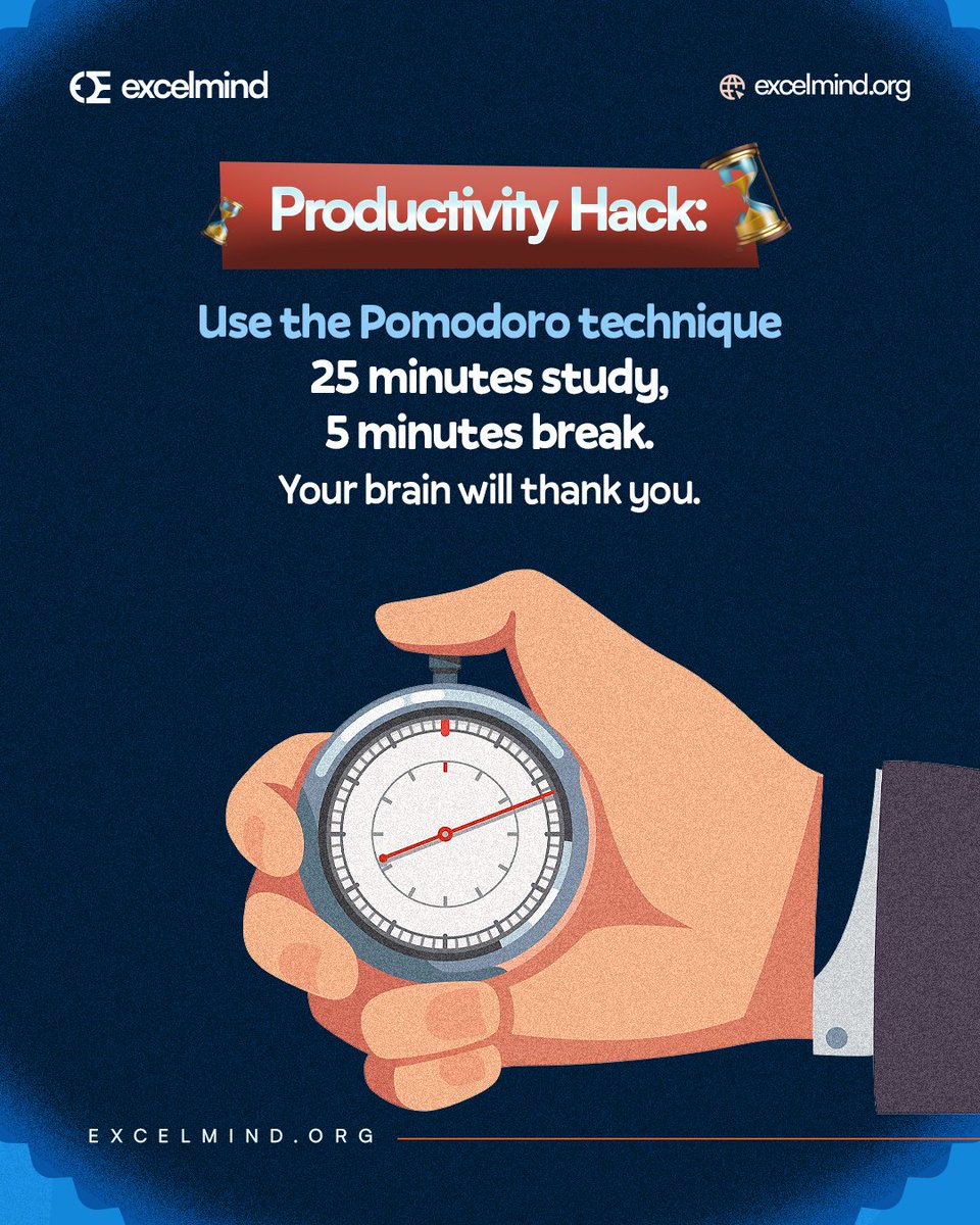 Productivity Hack You’ll Wish You Knew Sooner!

Study for 25 minutes. Rest for 5. Repeat.

It’s called the Pomodoro Technique — and yes, your brain will thank you. 🍅💡

Try it today and feel the difference! #StudySmart #ExcelMindTips #ProductivityHack