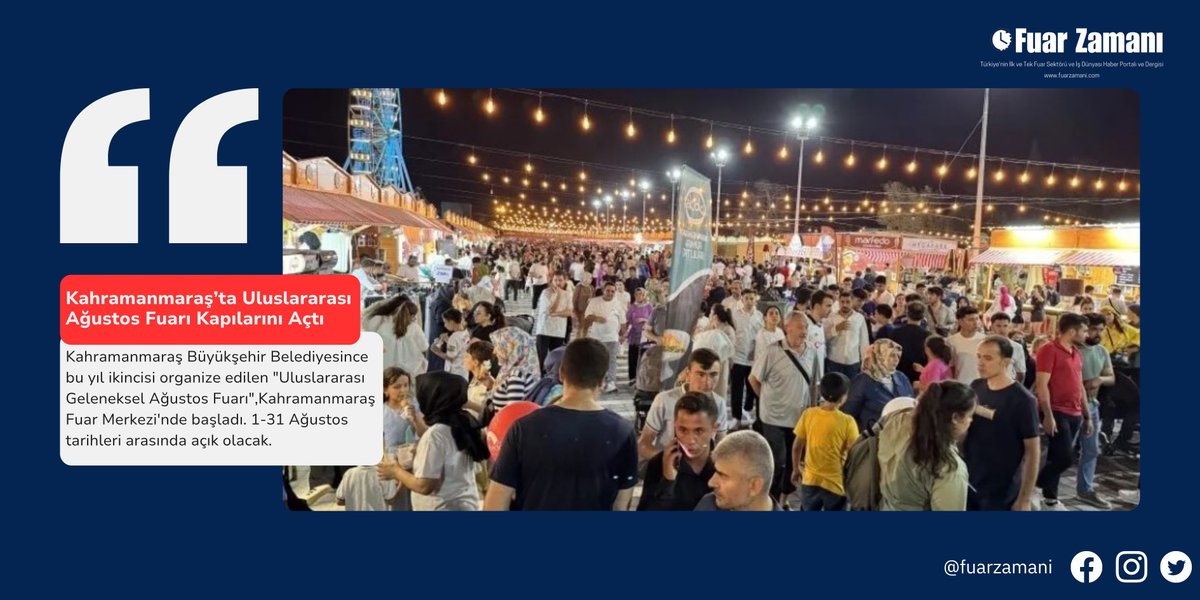 Kahramanmaraş’ta Uluslararası Ağustos Fuarı Kapılarını Açtı
fuarzamani.com/kahramanmaras-…

#fuar #fuarzamanı #fuarhaberleri