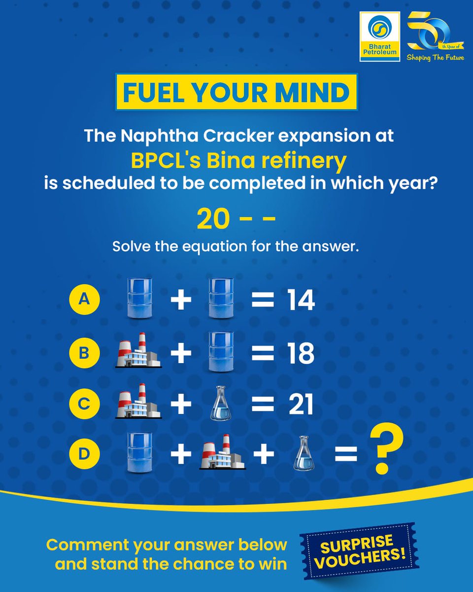 BPCLimited's tweet image. Ready to Fuel Your Mind?

Tell us your answers in the comments and two lucky winners stand a chance to win surprise vouchers!

To qualify, follow these simple steps:

1. Find the year by solving the equation and comment down below!
2. Tag 3 friends in that comment.
3. Use these…